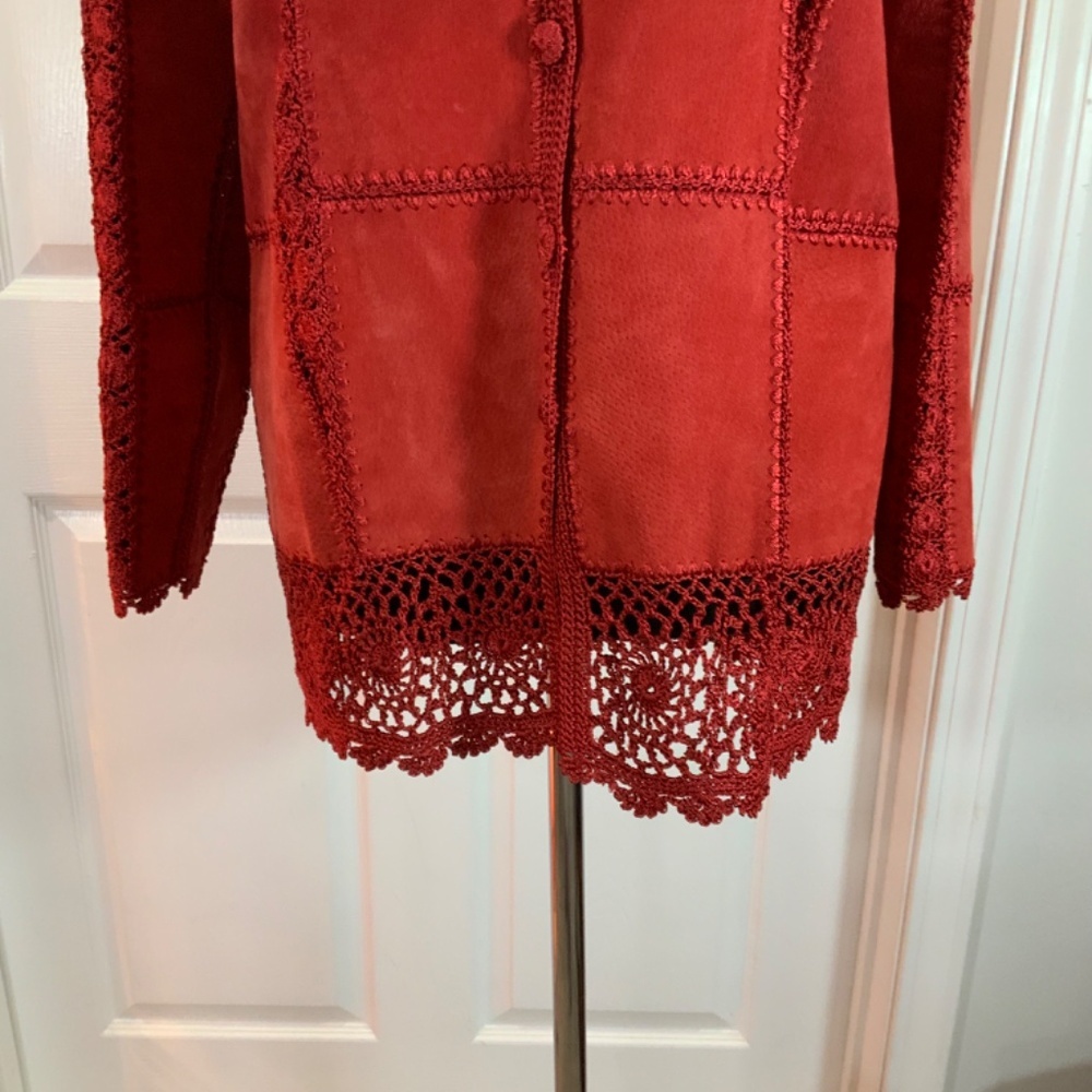 Red Suede Leather Crochet Patchwork Button Down B… - image 4